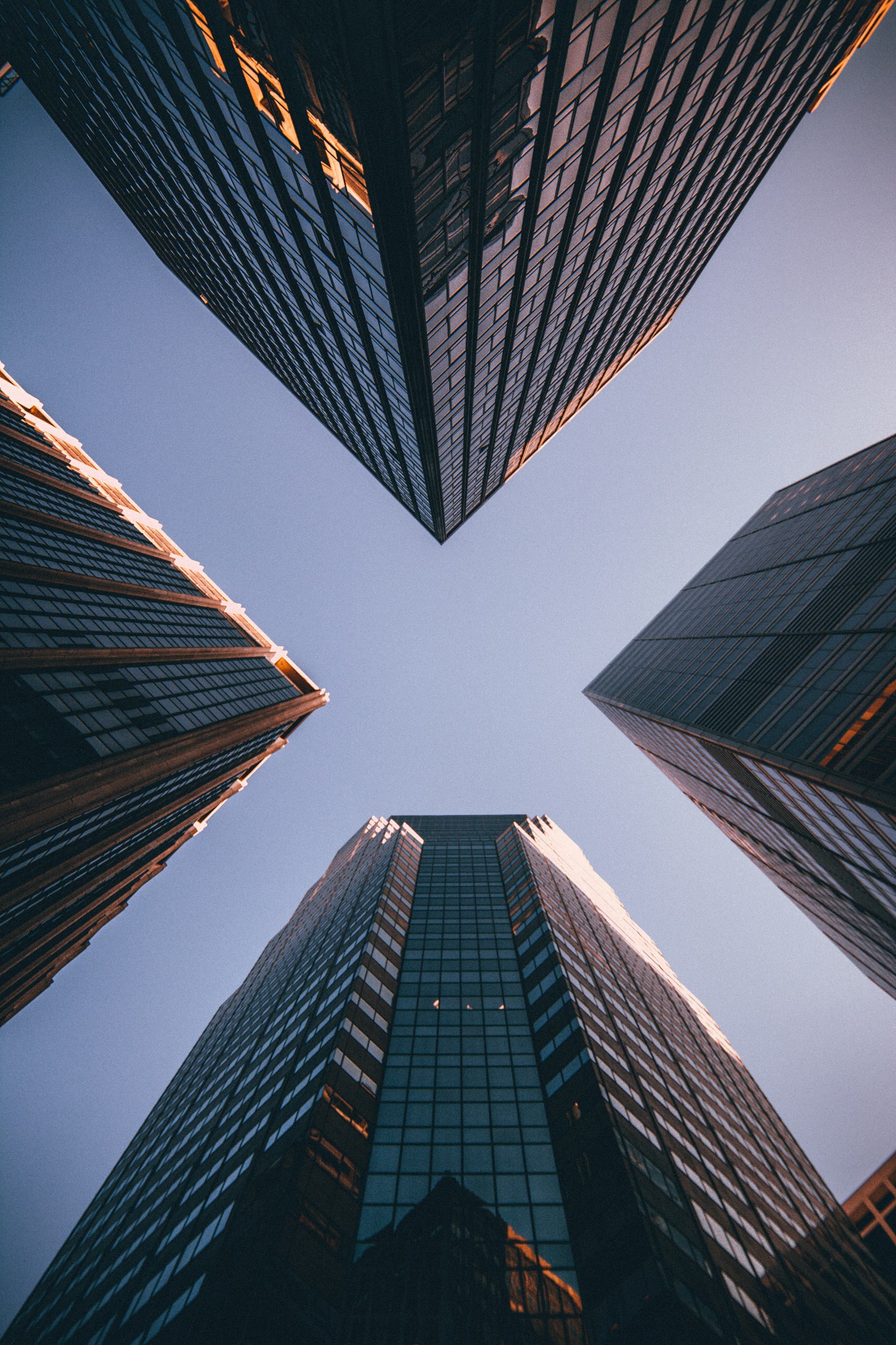 Looking up at modern glass skyscrapers, symbolising startups scaling sustainably